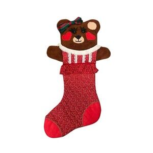Vtg Christmas 3D Stocking Girl Teddy Bear w Heart Cheeks Plush Quilted 21”